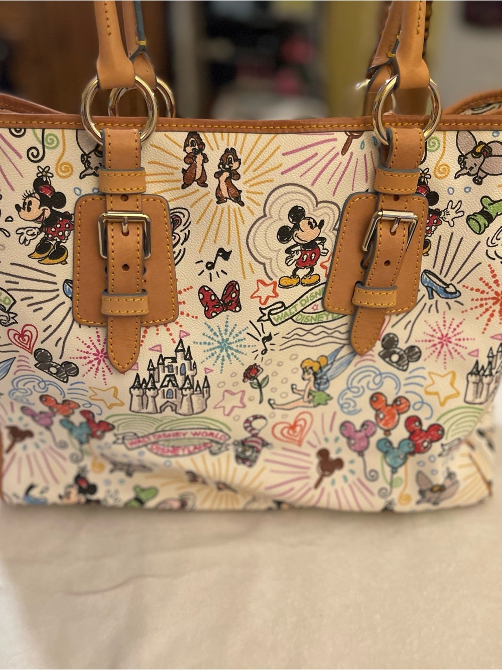 Dooney & Bourke Multicolor Disney Sketch Canvas Tote with Tan Leather Trim - Picture 2 of 9